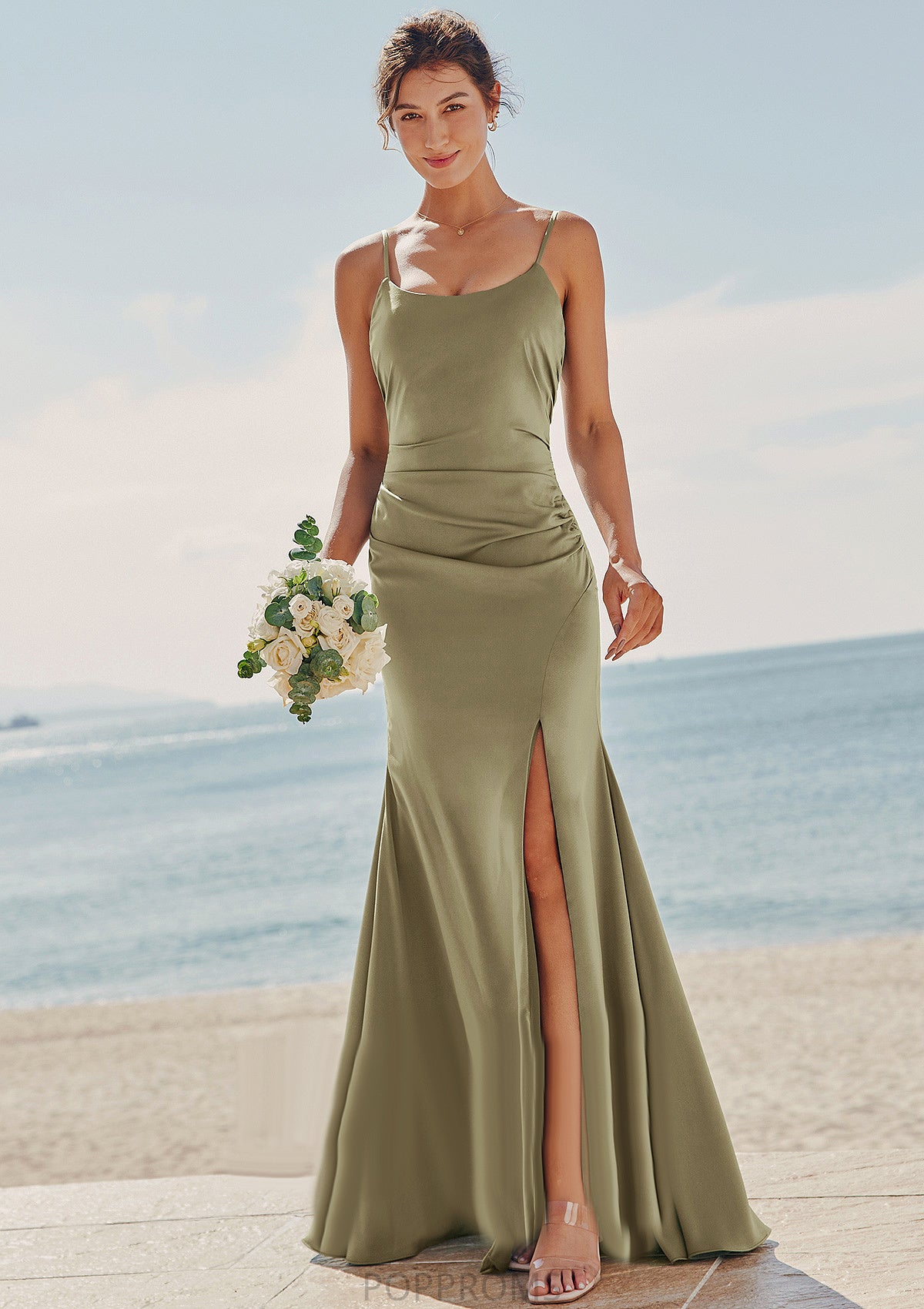 Trumpet/Mermaid Scoop Neck Sleeveless Floor-Length Stretch Satin Bridesmaid Dresses with Pleated Split Katie PP6P0025219