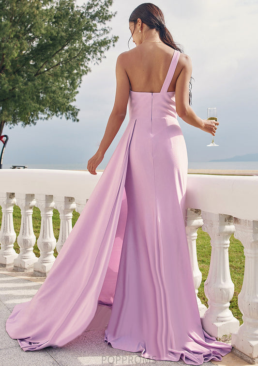 Trumpet/Mermaid One-Shoulder Sleeveless Floor-Length Jersey Bridesmaid Dresses with Pleated Side Draping Christine PP6P0025234