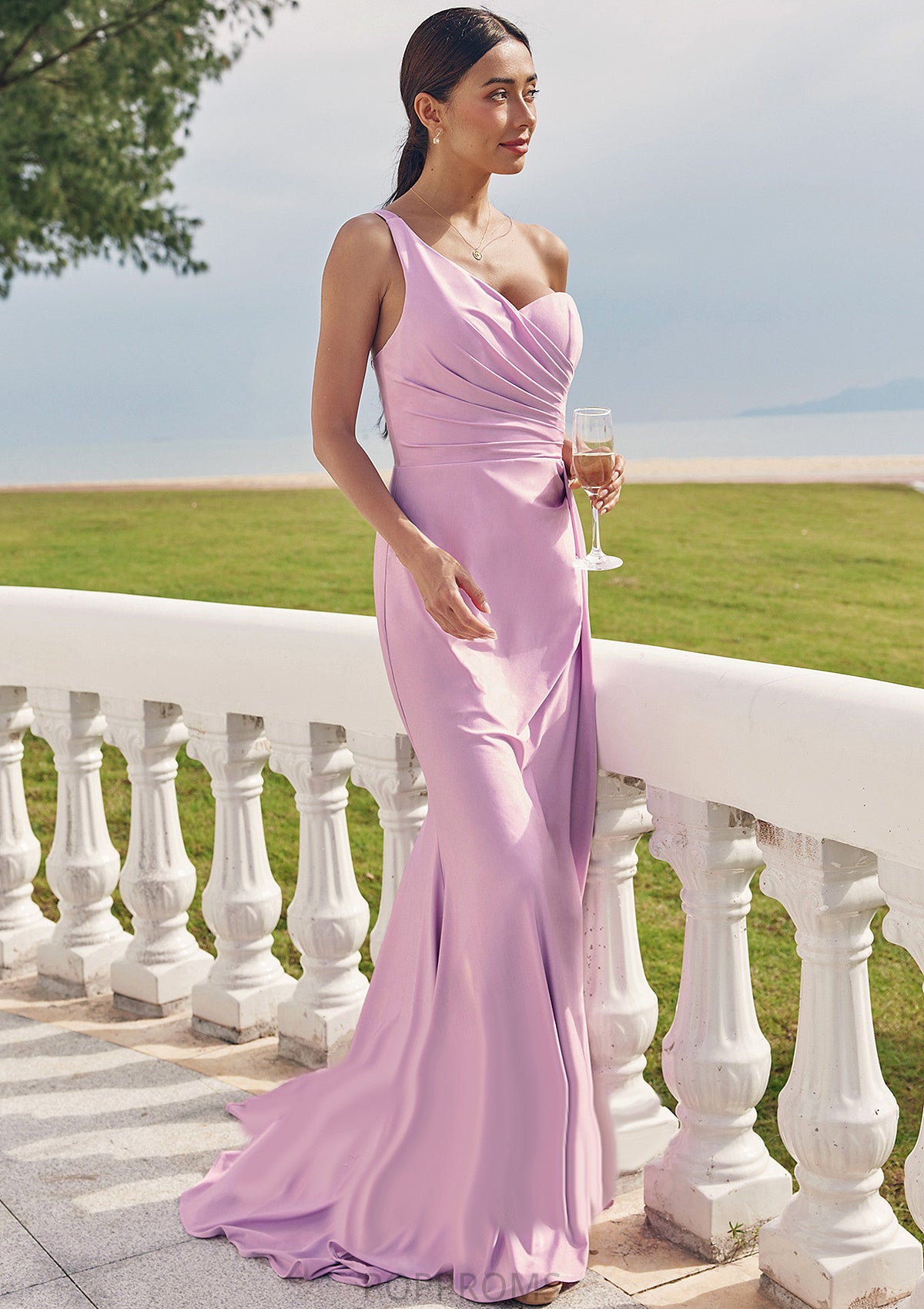 Trumpet/Mermaid One-Shoulder Sleeveless Floor-Length Jersey Bridesmaid Dresses with Pleated Side Draping Christine PP6P0025234