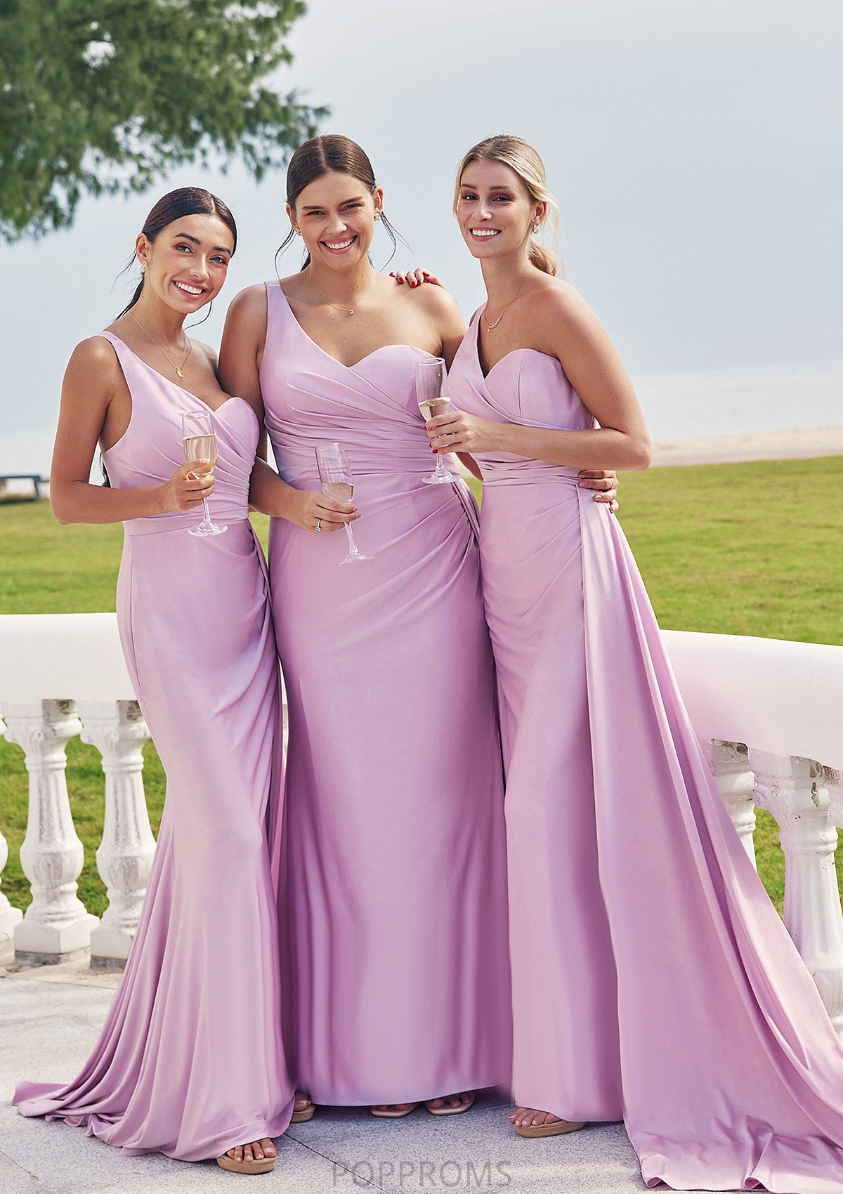 Trumpet/Mermaid One-Shoulder Sleeveless Floor-Length Jersey Bridesmaid Dresses with Pleated Side Draping Christine PP6P0025234