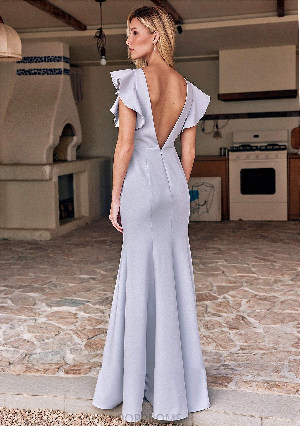 Trumpet/Mermaid Scoop Neck Short Sleeve Floor-Length Stretch Crepe Bridesmaid Dresses with Pleated Ruffles Reese PP6P0025244