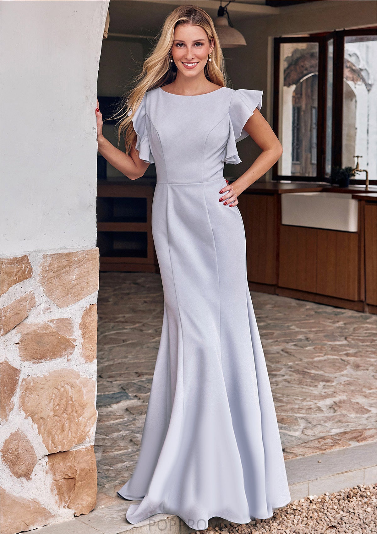 Trumpet/Mermaid Scoop Neck Short Sleeve Floor-Length Stretch Crepe Bridesmaid Dresses with Pleated Ruffles Reese PP6P0025244