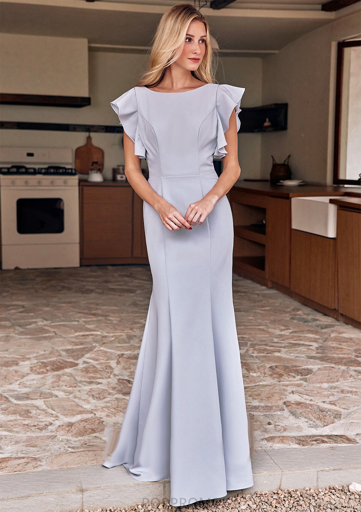 Trumpet/Mermaid Scoop Neck Short Sleeve Floor-Length Stretch Crepe Bridesmaid Dresses with Pleated Ruffles Reese PP6P0025244