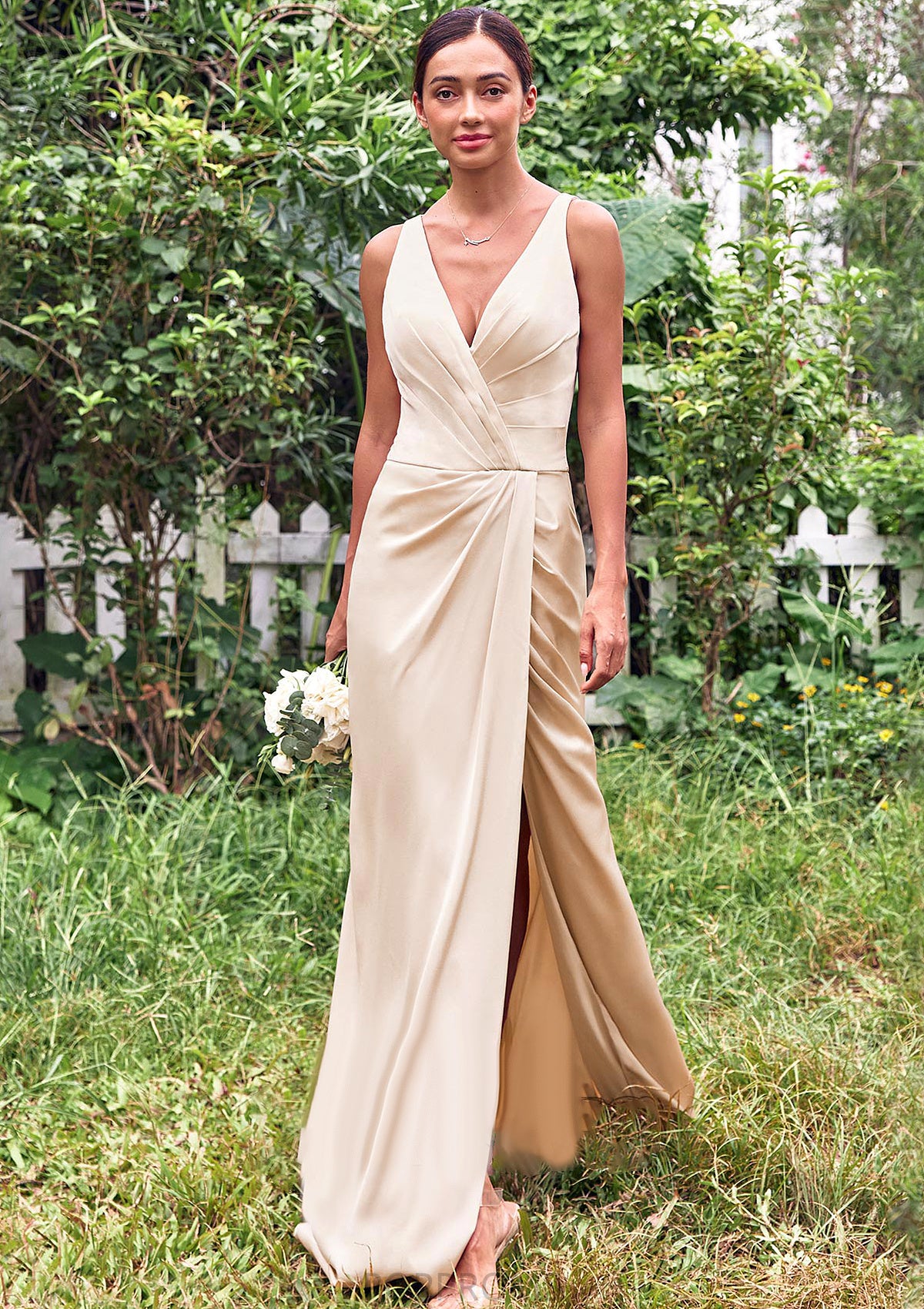 Trumpet/Mermaid V Neck Sleeveless Floor-Length Stretch Satin Bridesmaid Dresses with Pleated Split Hayley PP6P0025255