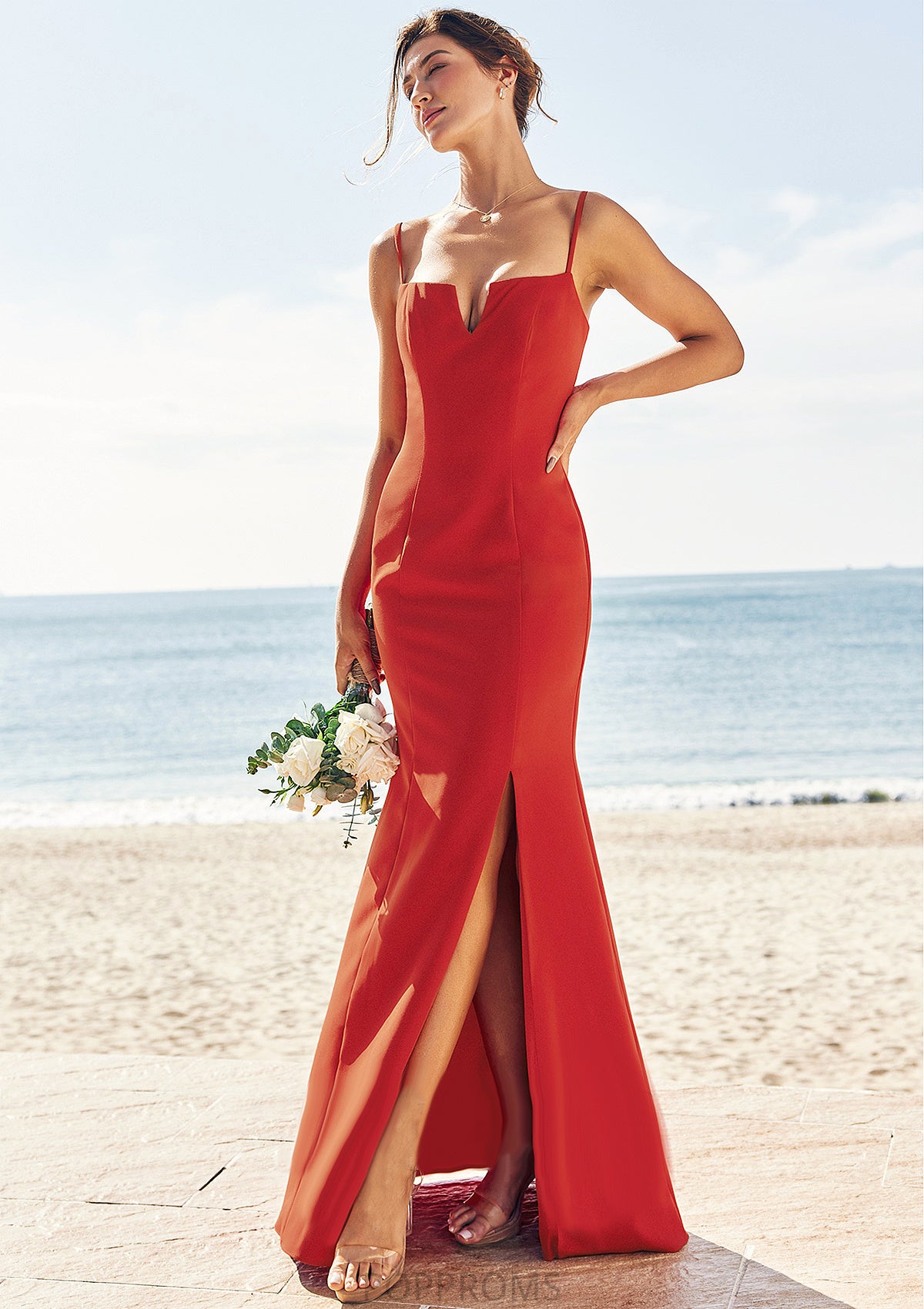 Trumpet/Mermaid V Neck Sleeveless Floor-Length Stretch Crepe Bridesmaid Dresses with Split Lorena PP6P0025269