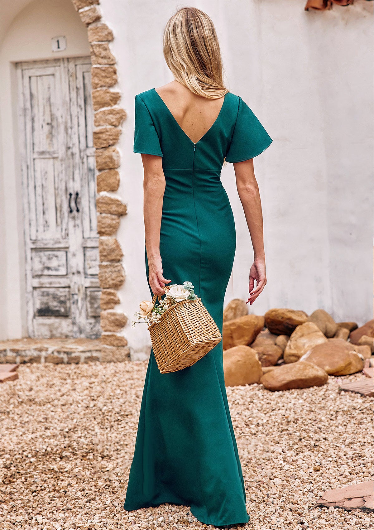 Trumpet/Mermaid V Neck Short Sleeve Stretch Crepe Floor-Length Bridesmaid Dresses with Split Esmeralda PP6P0025273