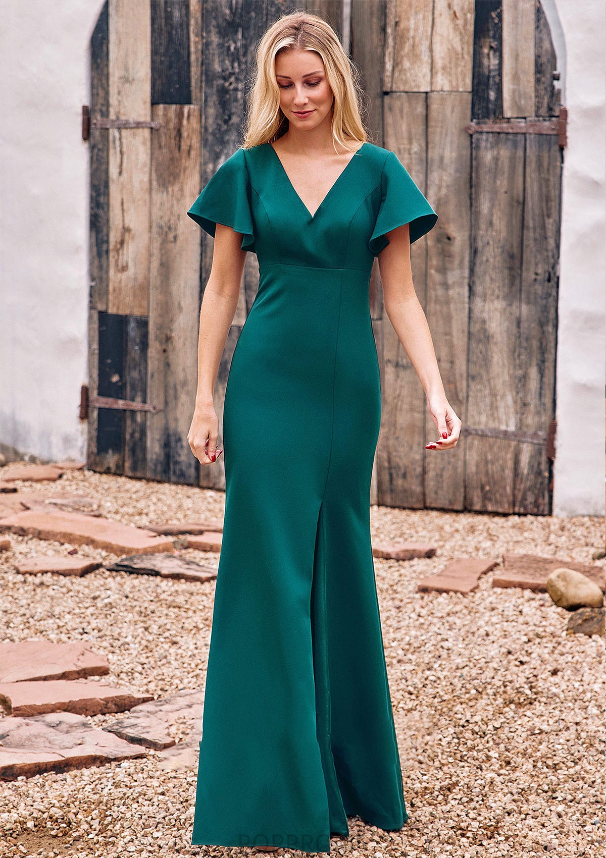 Trumpet/Mermaid V Neck Short Sleeve Stretch Crepe Floor-Length Bridesmaid Dresses with Split Esmeralda PP6P0025273