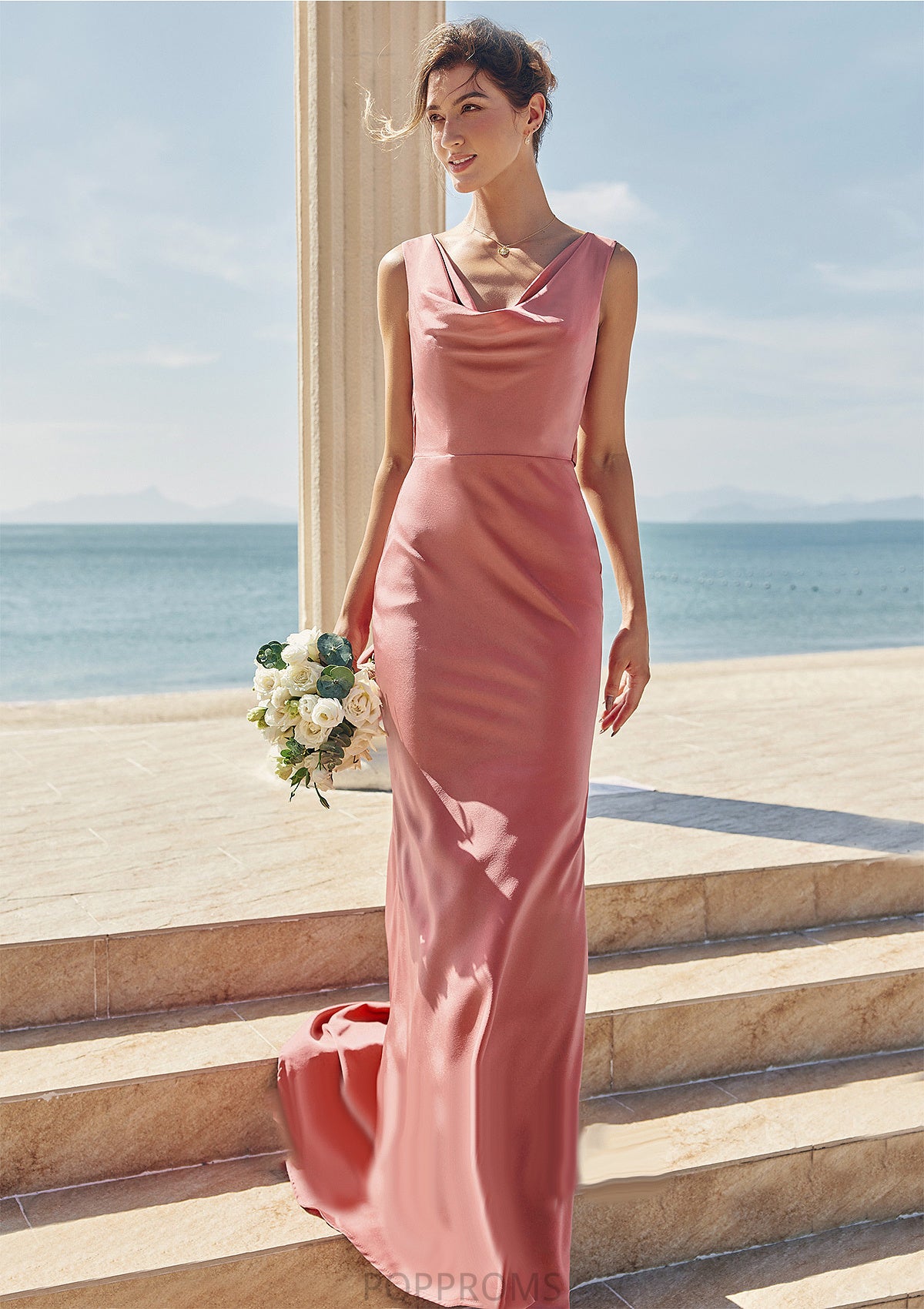 Trumpet/Mermaid Cowl Neck Sleeveless Floor-Length Stretch Satin Bridesmaid Dresses with Sashes Mariela PP6P0025281