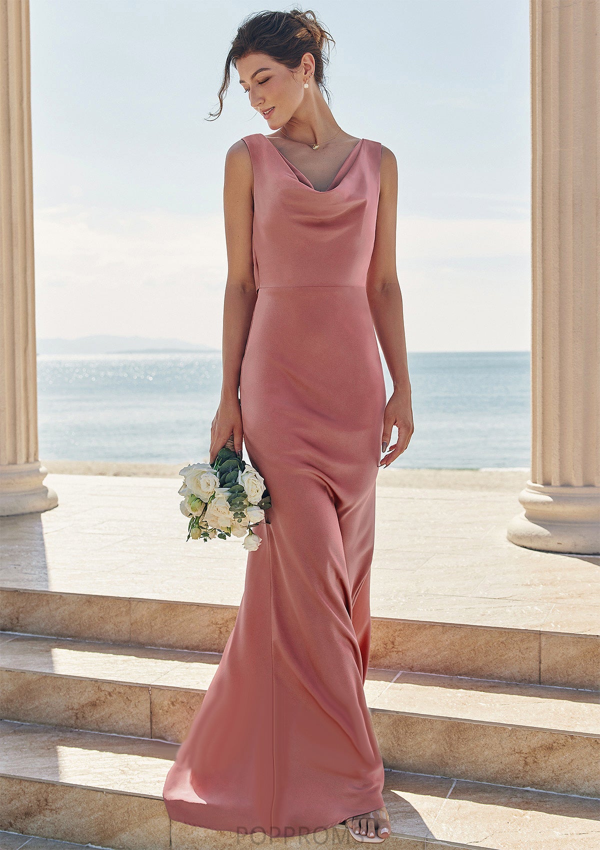 Trumpet/Mermaid Cowl Neck Sleeveless Floor-Length Stretch Satin Bridesmaid Dresses with Sashes Mariela PP6P0025281