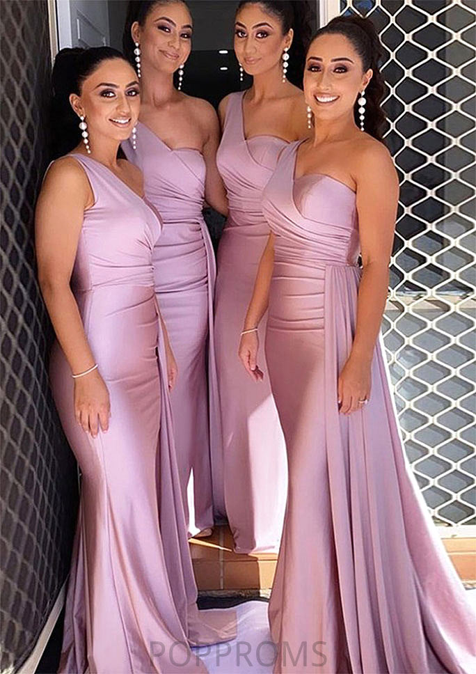 Trumpet/Mermaid One-Shoulder Sleeveless Sweep Train Jersey Bridesmaid Dresses With Pleated Side Draping Shyanne PP6P0025308