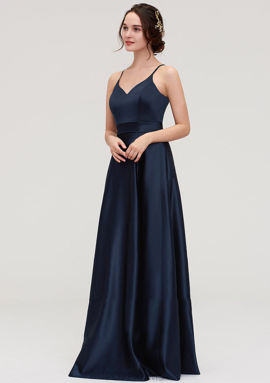 V Neck Sleeveless Long/Floor-Length Satin A-line/Princess Bridesmaid Dresseses Abril PP6P0025345