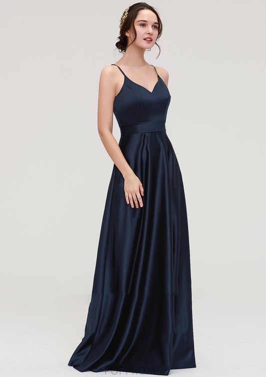 V Neck Sleeveless Long/Floor-Length Satin A-line/Princess Bridesmaid Dresseses Abril PP6P0025345