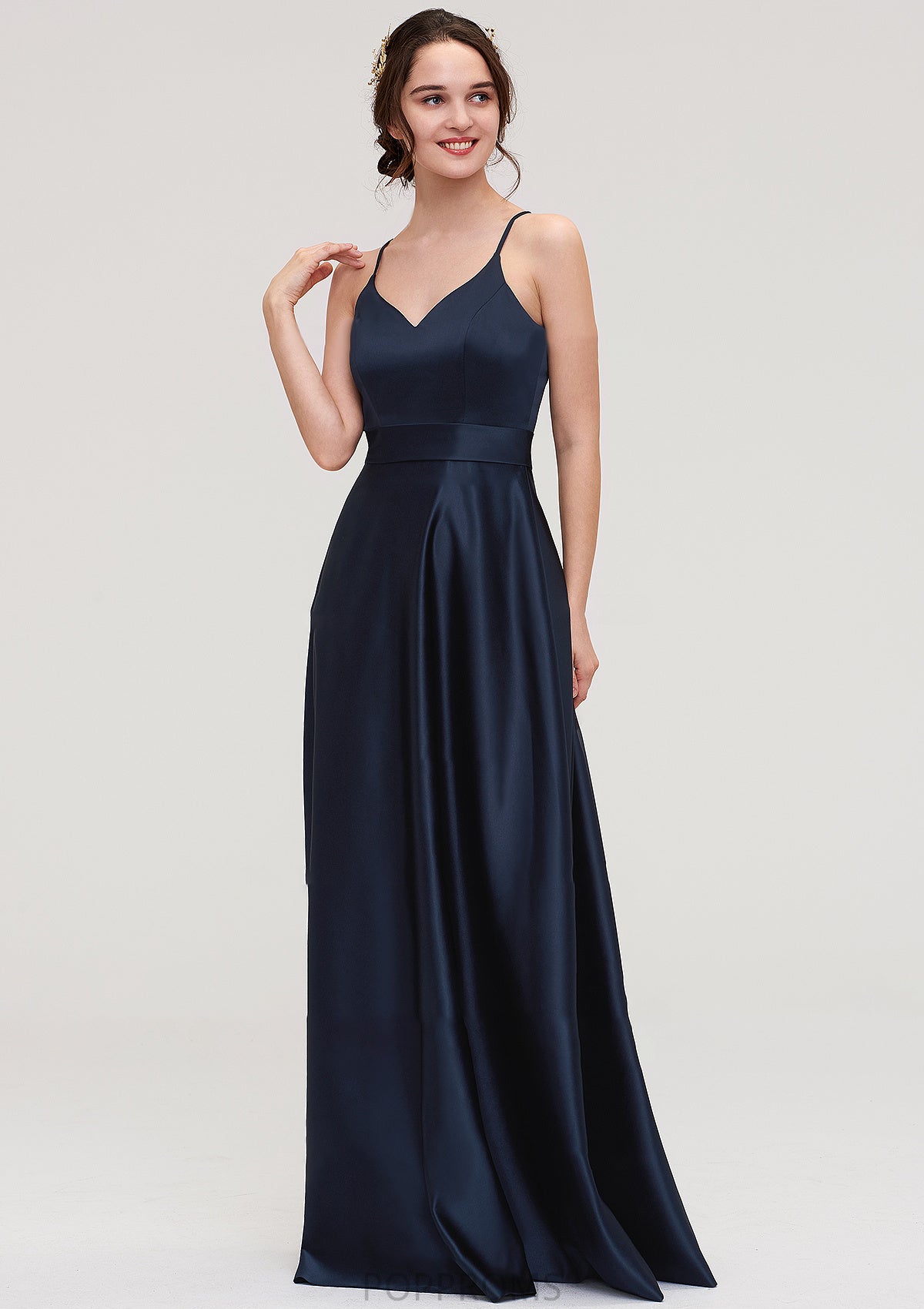 V Neck Sleeveless Long/Floor-Length Satin A-line/Princess Bridesmaid Dresseses Abril PP6P0025345