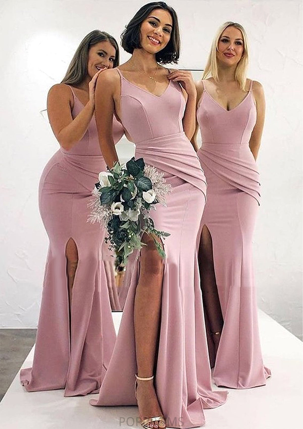 Trumpet/Mermaid V Neck Sleeveless Long/Floor-Length Elastic Satin Bridesmaid Dresses With Pleated Split Campbell PP6P0025347