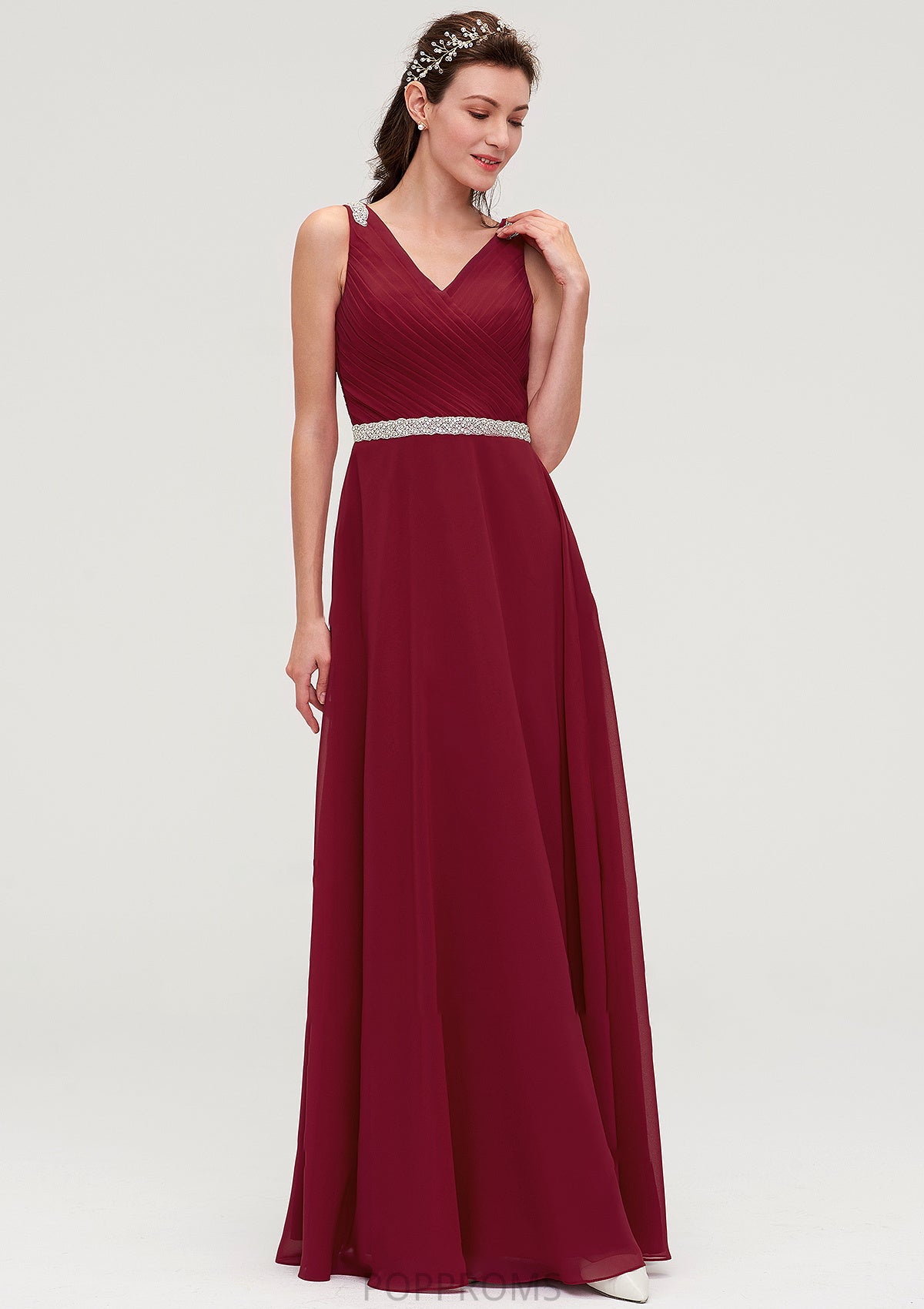 V Neck Sleeveless Chiffon A-line/Princess Long/Floor-Length Bridesmaid Dresseses With Waistband Beading Pleated Kailee PP6P0025355