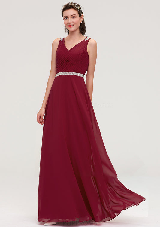 V Neck Sleeveless Chiffon A-line/Princess Long/Floor-Length Bridesmaid Dresseses With Waistband Beading Pleated Kailee PP6P0025355