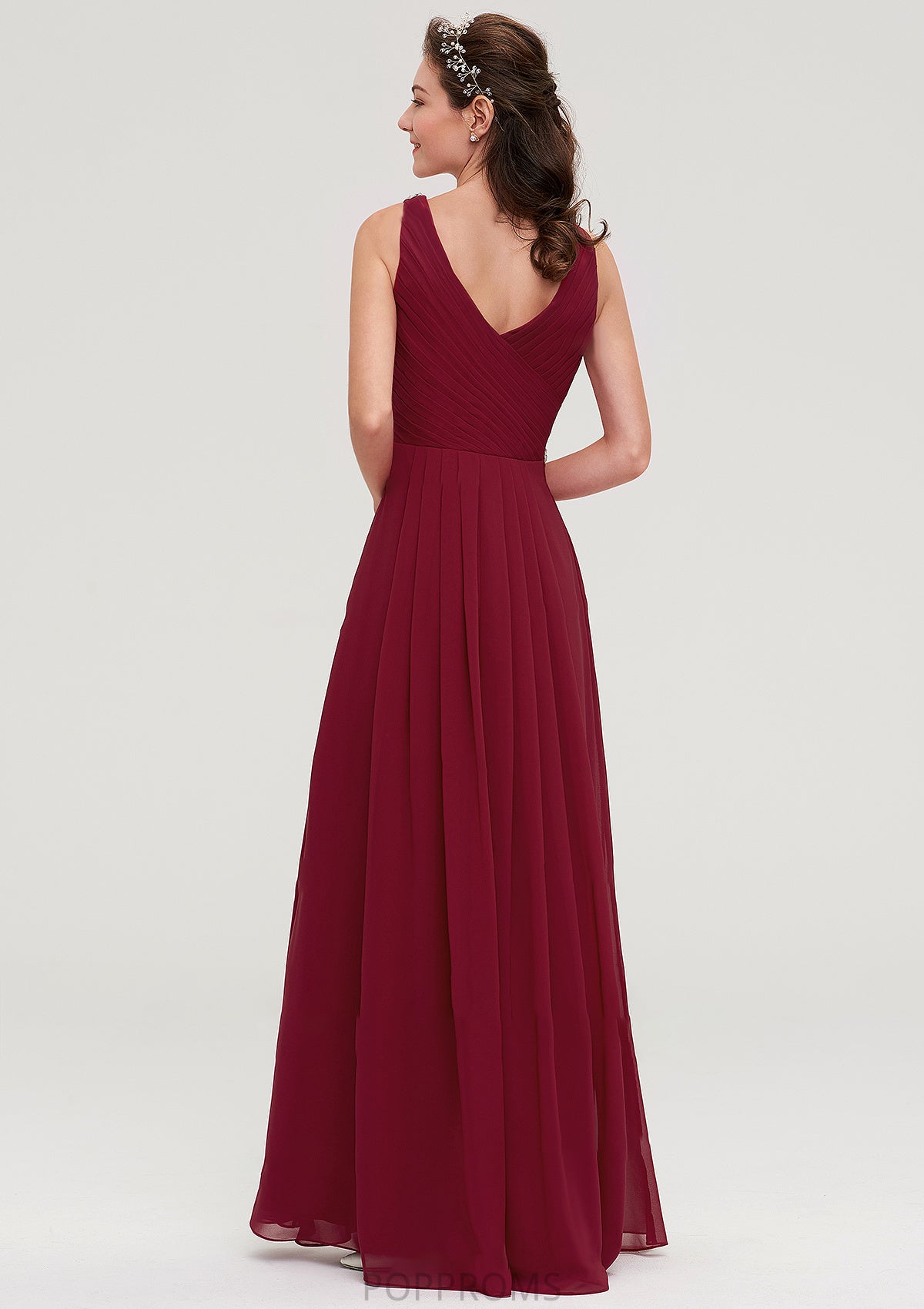 V Neck Sleeveless Chiffon A-line/Princess Long/Floor-Length Bridesmaid Dresseses With Waistband Beading Pleated Kailee PP6P0025355