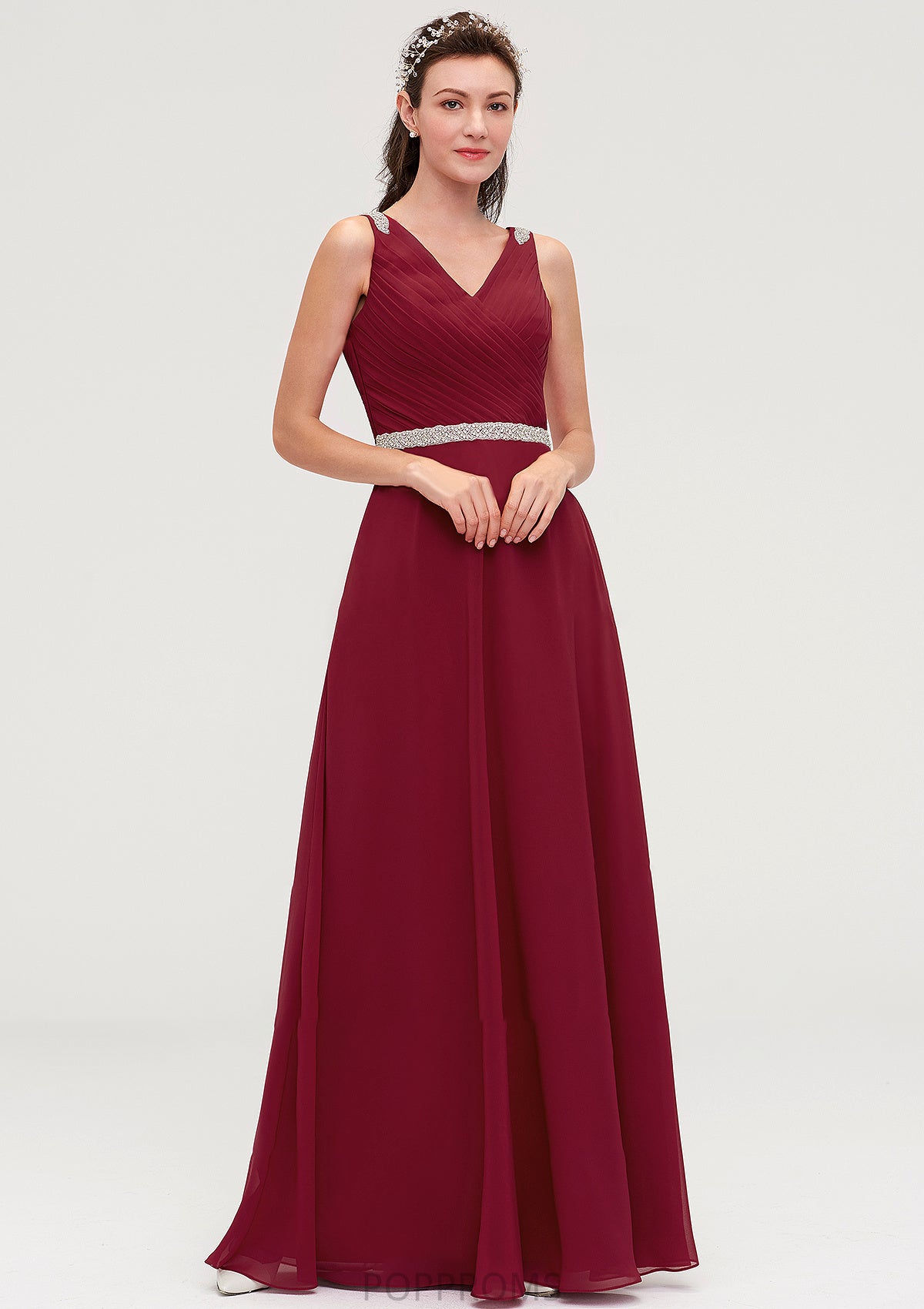 V Neck Sleeveless Chiffon A-line/Princess Long/Floor-Length Bridesmaid Dresseses With Waistband Beading Pleated Kailee PP6P0025355