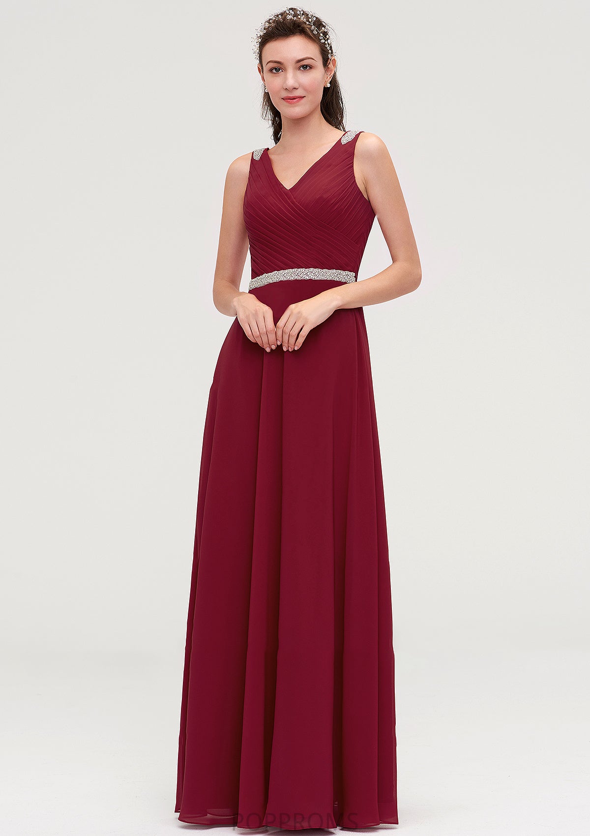 V Neck Sleeveless Chiffon A-line/Princess Long/Floor-Length Bridesmaid Dresseses With Waistband Beading Pleated Kailee PP6P0025355