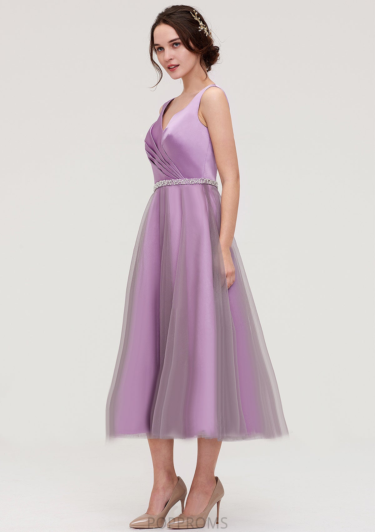 V Neck Sleeveless Tulle Tea-Length A-line/Princess Bridesmaid Dresses With Waistband Beading Pleated Miracle PP6P0025395