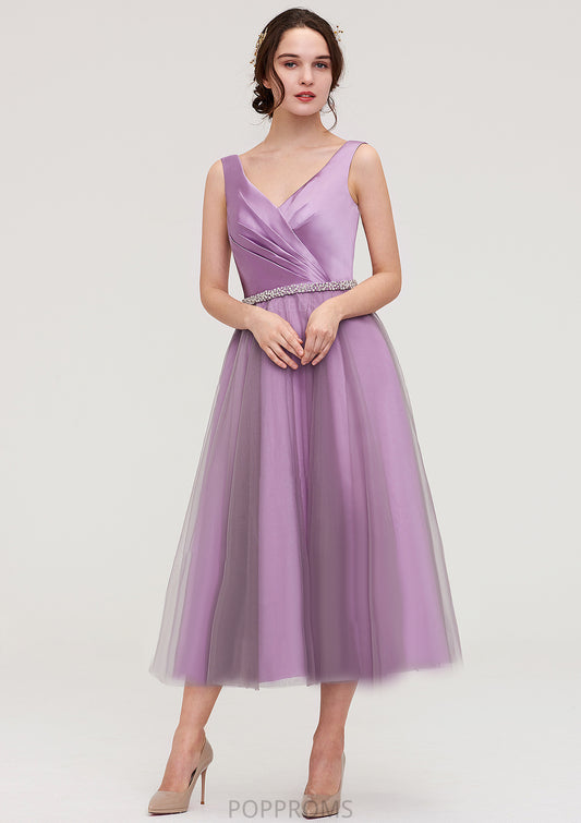 V Neck Sleeveless Tulle Tea-Length A-line/Princess Bridesmaid Dresses With Waistband Beading Pleated Miracle PP6P0025395