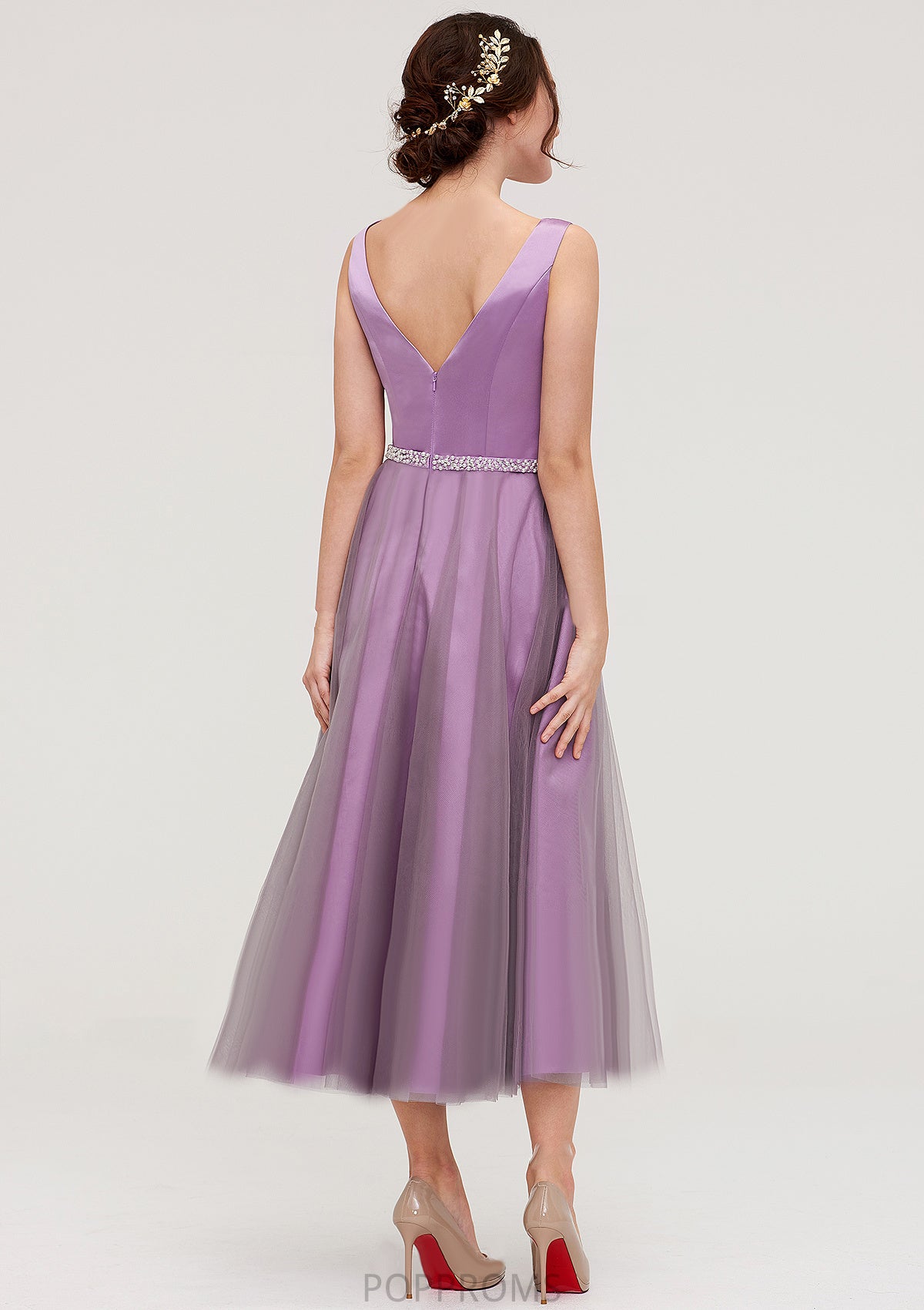 V Neck Sleeveless Tulle Tea-Length A-line/Princess Bridesmaid Dresses With Waistband Beading Pleated Miracle PP6P0025395