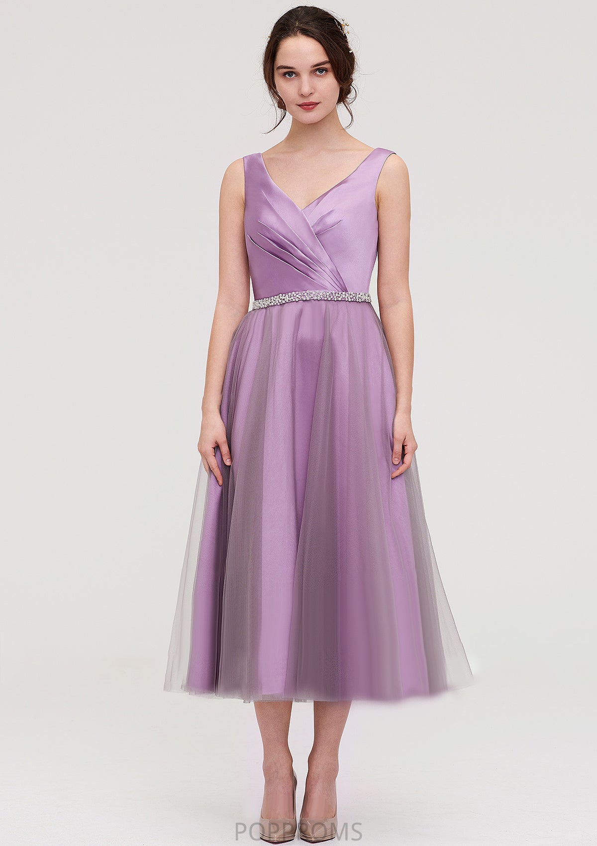 V Neck Sleeveless Tulle Tea-Length A-line/Princess Bridesmaid Dresses With Waistband Beading Pleated Miracle PP6P0025395