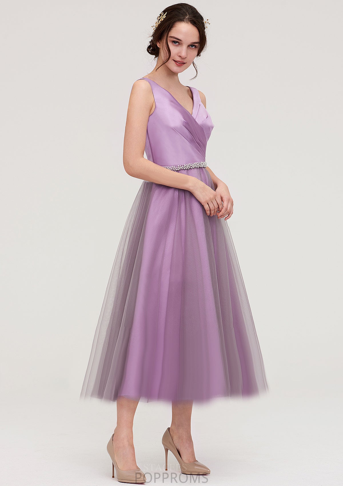 V Neck Sleeveless Tulle Tea-Length A-line/Princess Bridesmaid Dresses With Waistband Beading Pleated Miracle PP6P0025395