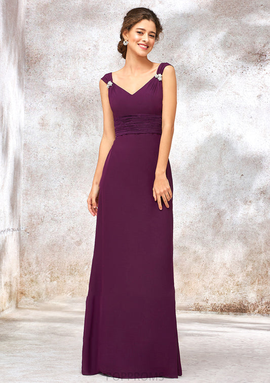 V Neck Sleeveless Long/Floor-Length Sheath/Column Chiffon Bridesmaid Dresses With Sashes Pleated Beading Faith PP6P0025412