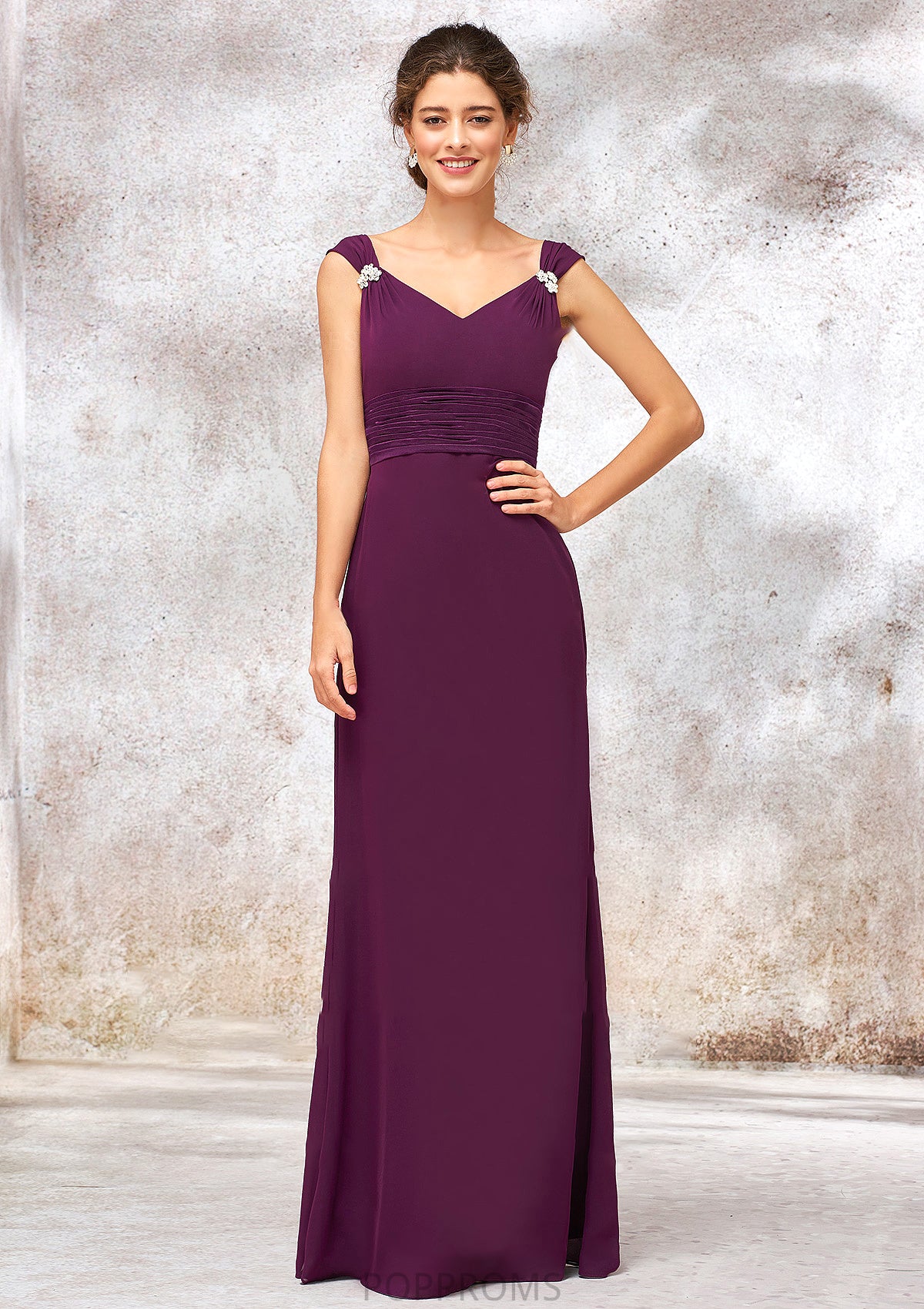 V Neck Sleeveless Long/Floor-Length Sheath/Column Chiffon Bridesmaid Dresses With Sashes Pleated Beading Faith PP6P0025412