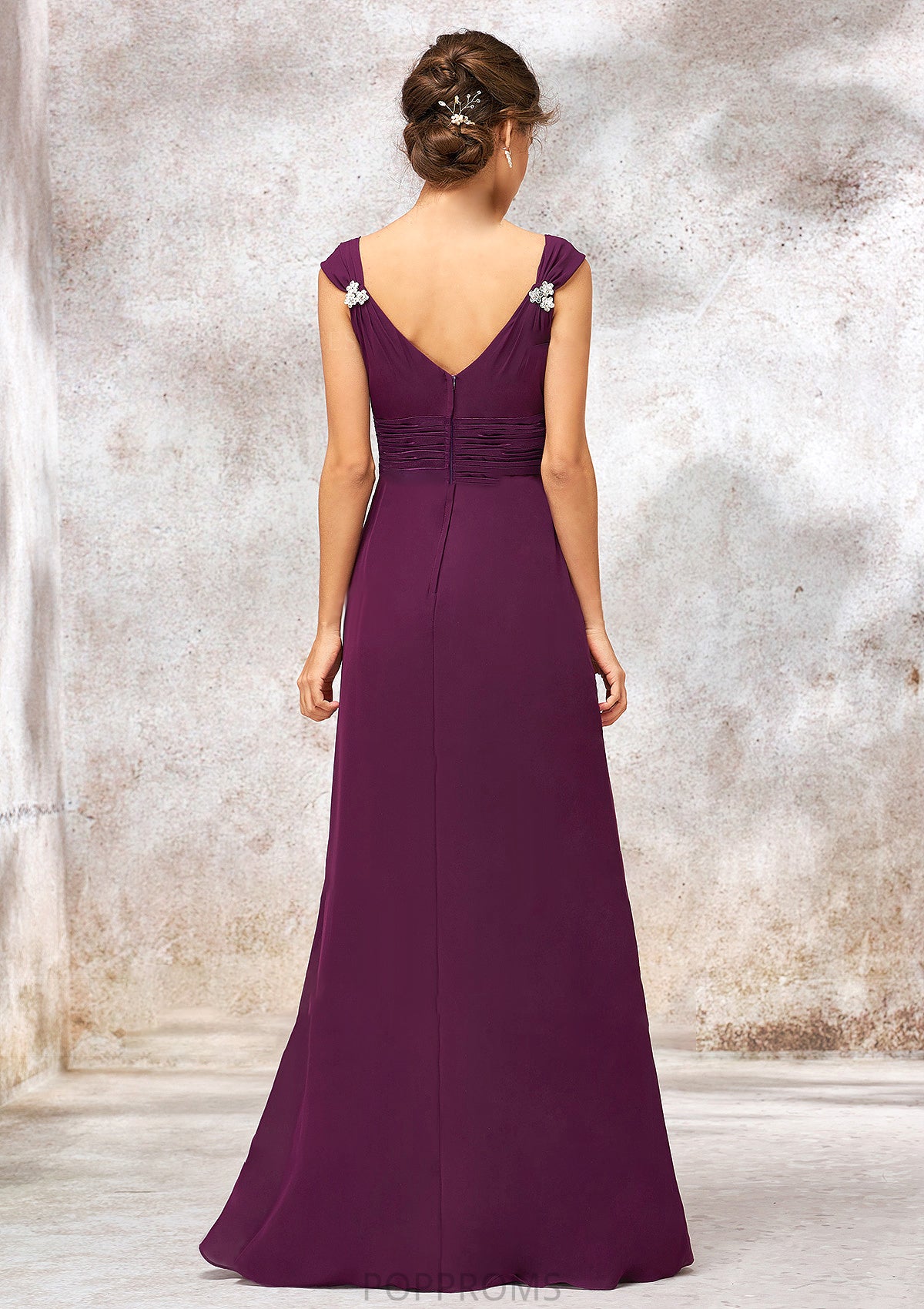 V Neck Sleeveless Long/Floor-Length Sheath/Column Chiffon Bridesmaid Dresses With Sashes Pleated Beading Faith PP6P0025412