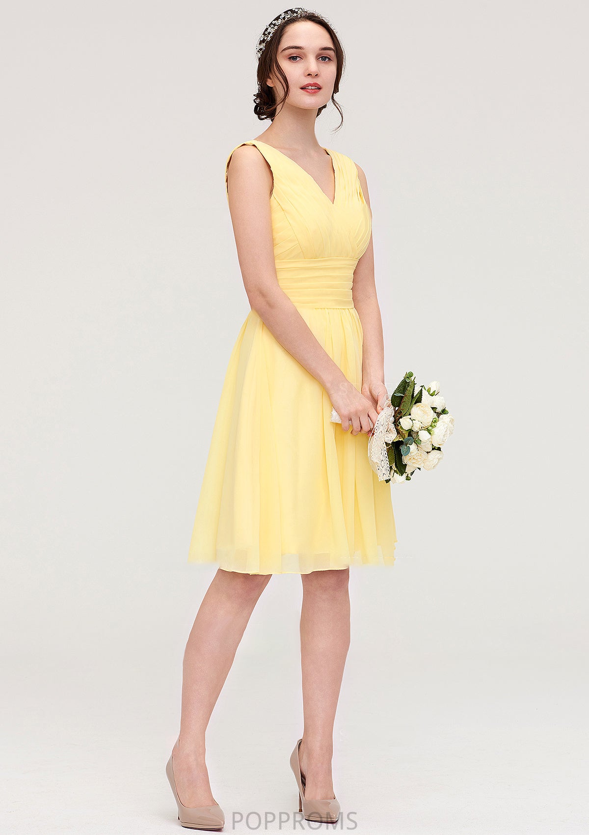 V Neck Sleeveless A-line/Princess Chiffon Knee-Length Bridesmaid Dresses With Pleated Shyann PP6P0025414