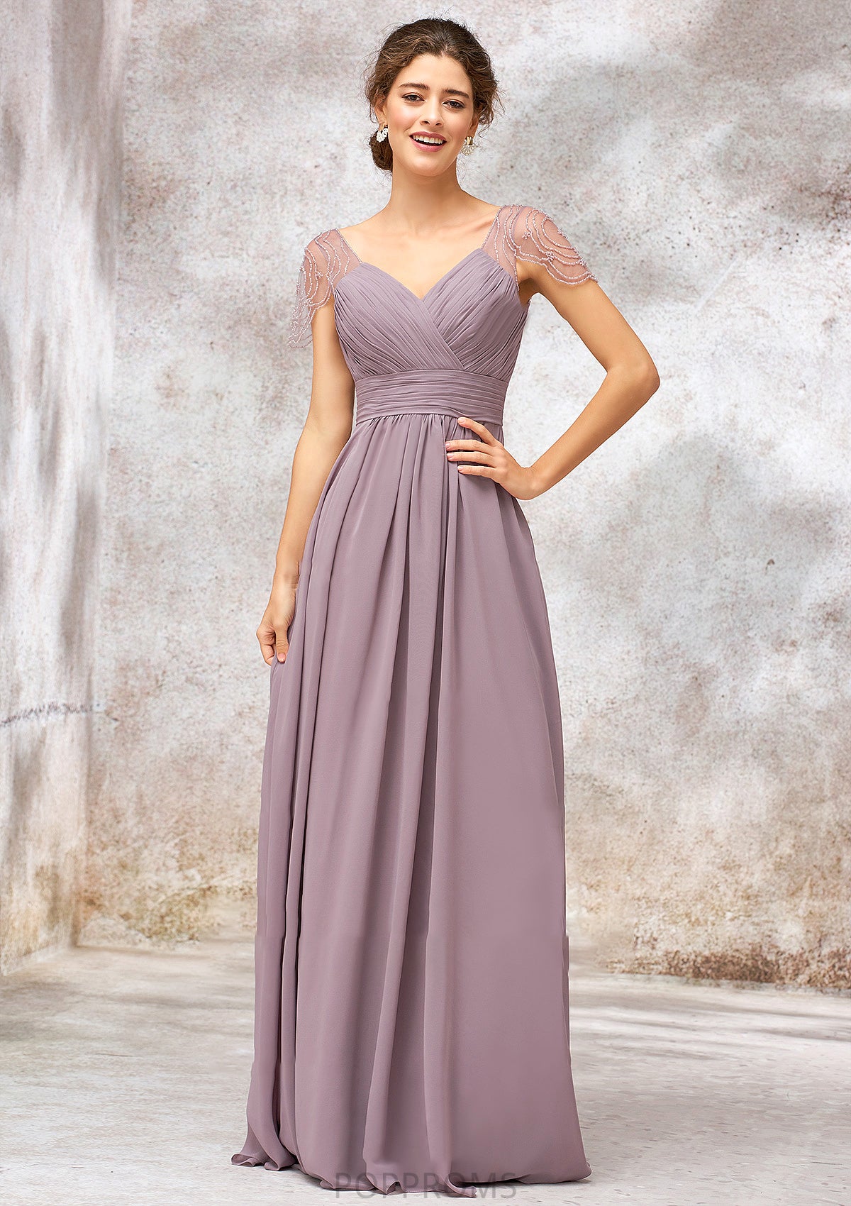 V Neck Long/Floor-Length Chiffon A-line/Princess Bridesmaid Dresses With Pleated Beading Teresa PP6P0025416