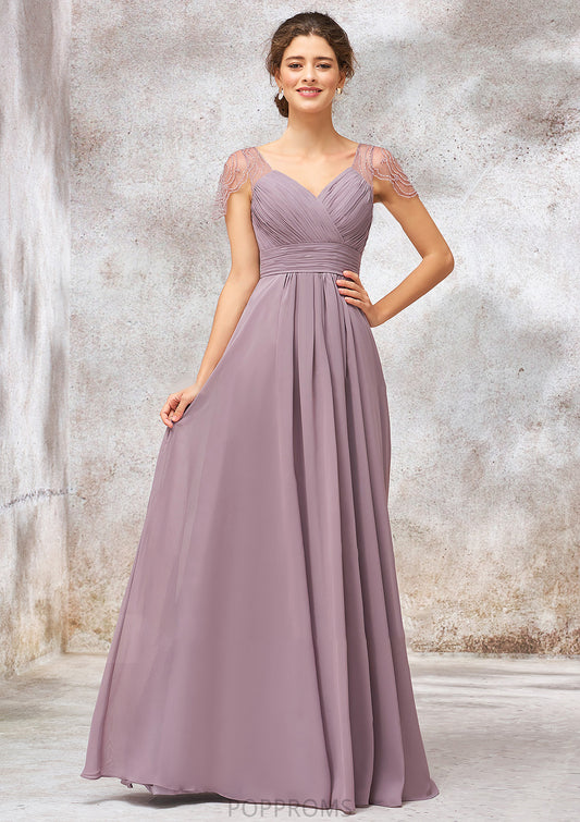 V Neck Long/Floor-Length Chiffon A-line/Princess Bridesmaid Dresses With Pleated Beading Teresa PP6P0025416