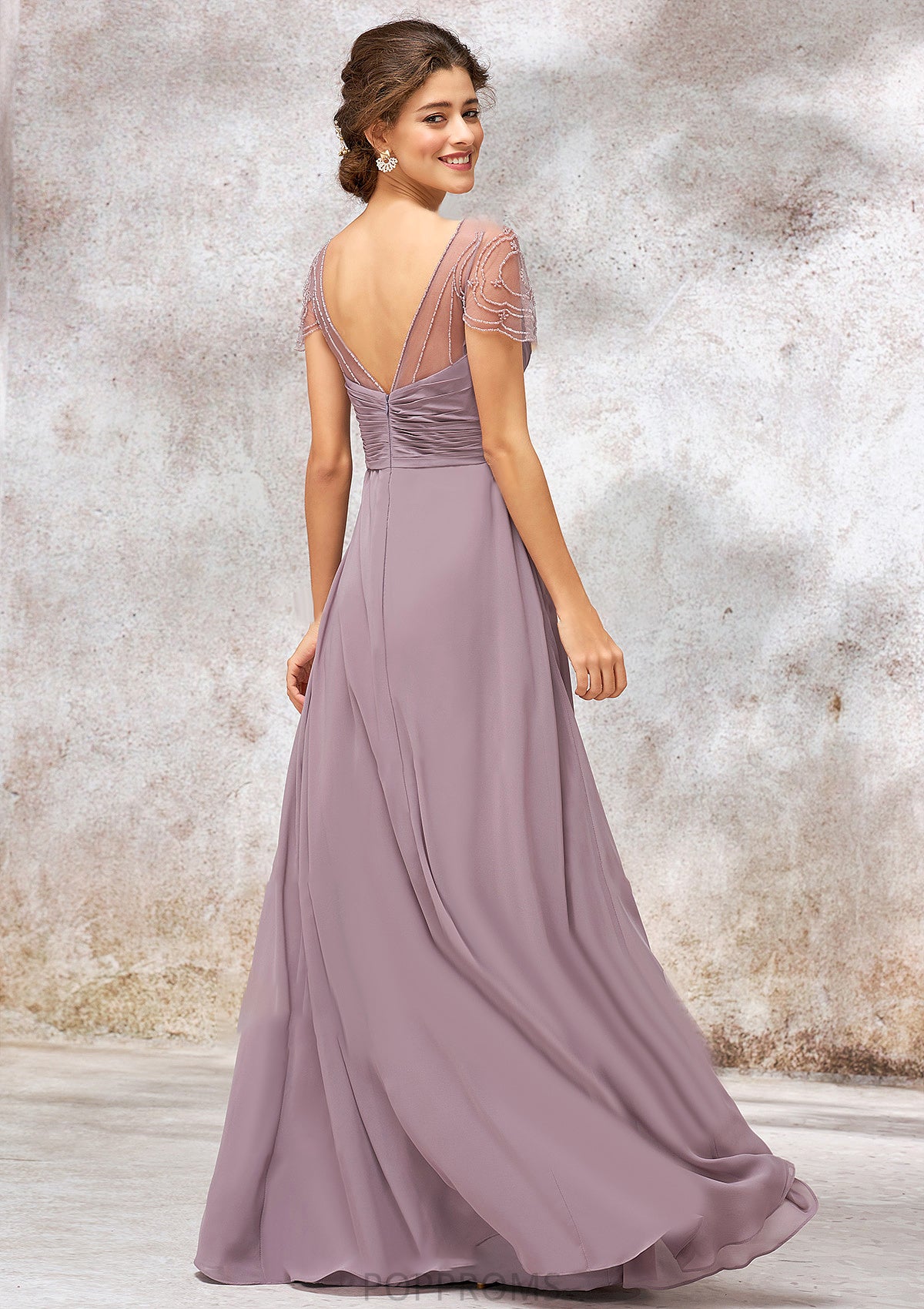 V Neck Long/Floor-Length Chiffon A-line/Princess Bridesmaid Dresses With Pleated Beading Teresa PP6P0025416