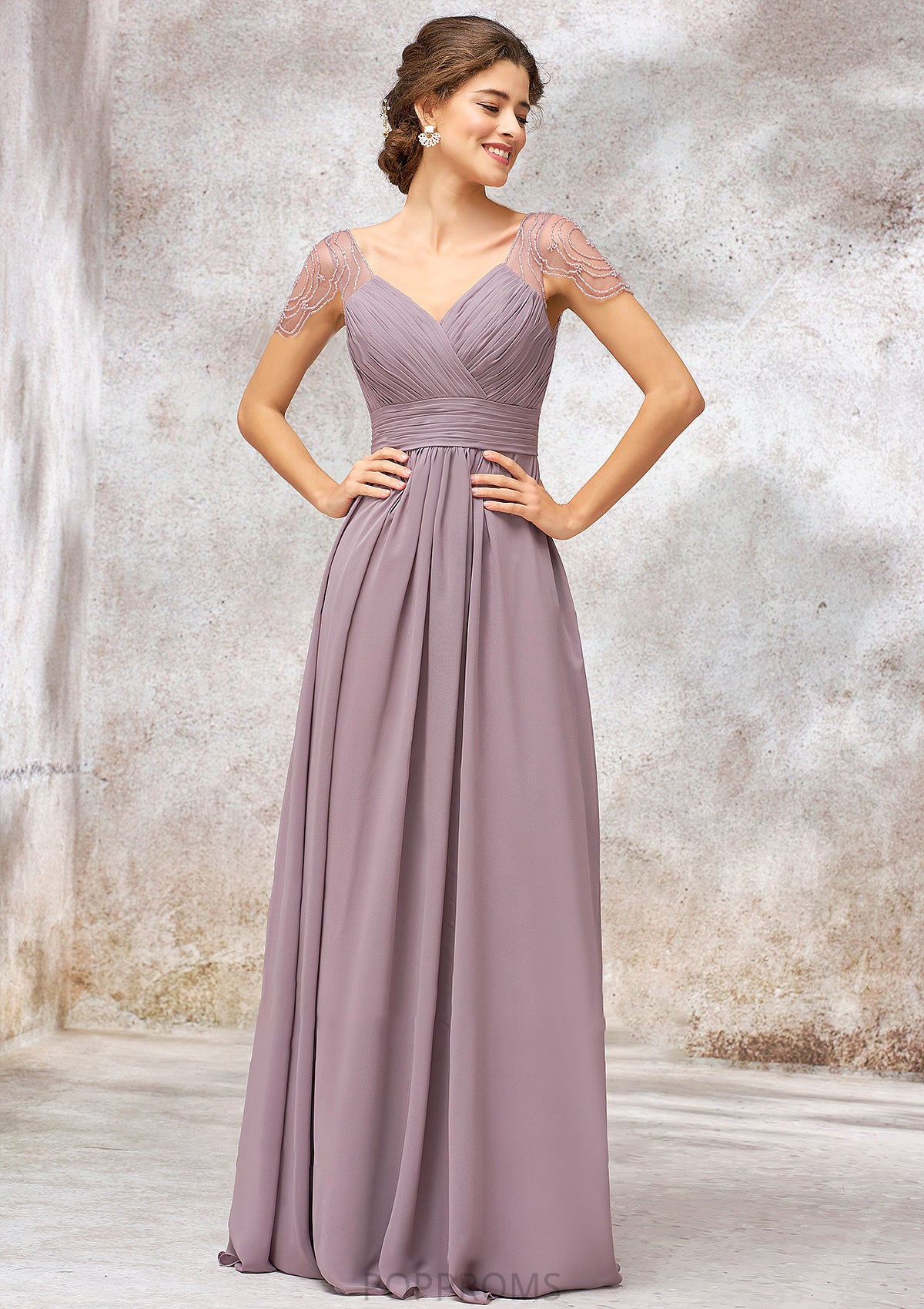 V Neck Long/Floor-Length Chiffon A-line/Princess Bridesmaid Dresses With Pleated Beading Teresa PP6P0025416