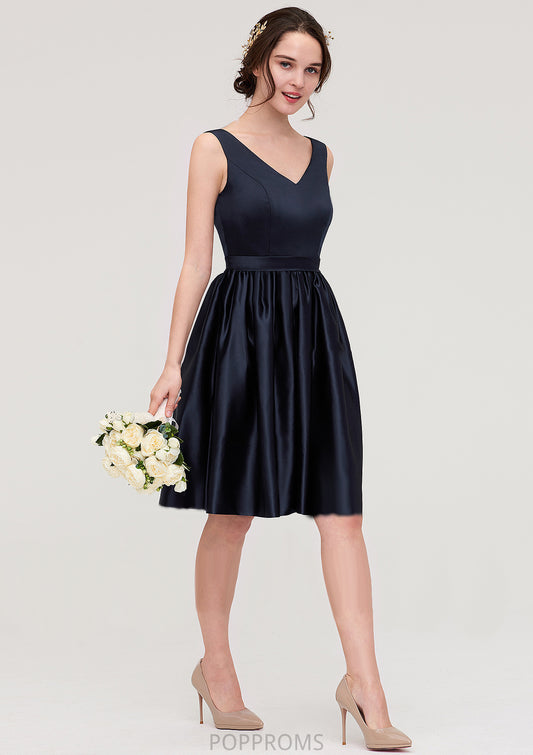 V Neck Sleeveless A-line/Princess Knee-Length Satin Bridesmaid Dresses With Pleated Mayra PP6P0025433