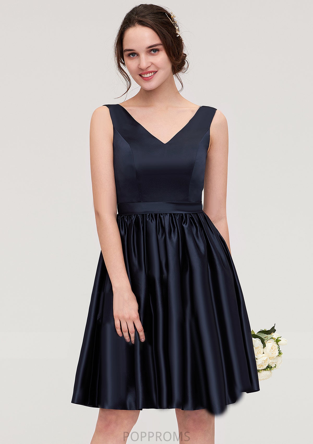 V Neck Sleeveless A-line/Princess Knee-Length Satin Bridesmaid Dresses With Pleated Mayra PP6P0025433