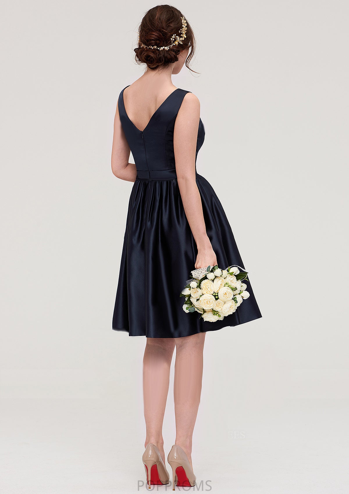 V Neck Sleeveless A-line/Princess Knee-Length Satin Bridesmaid Dresses With Pleated Mayra PP6P0025433