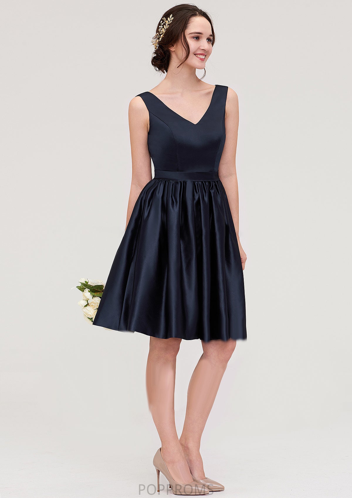 V Neck Sleeveless A-line/Princess Knee-Length Satin Bridesmaid Dresses With Pleated Mayra PP6P0025433