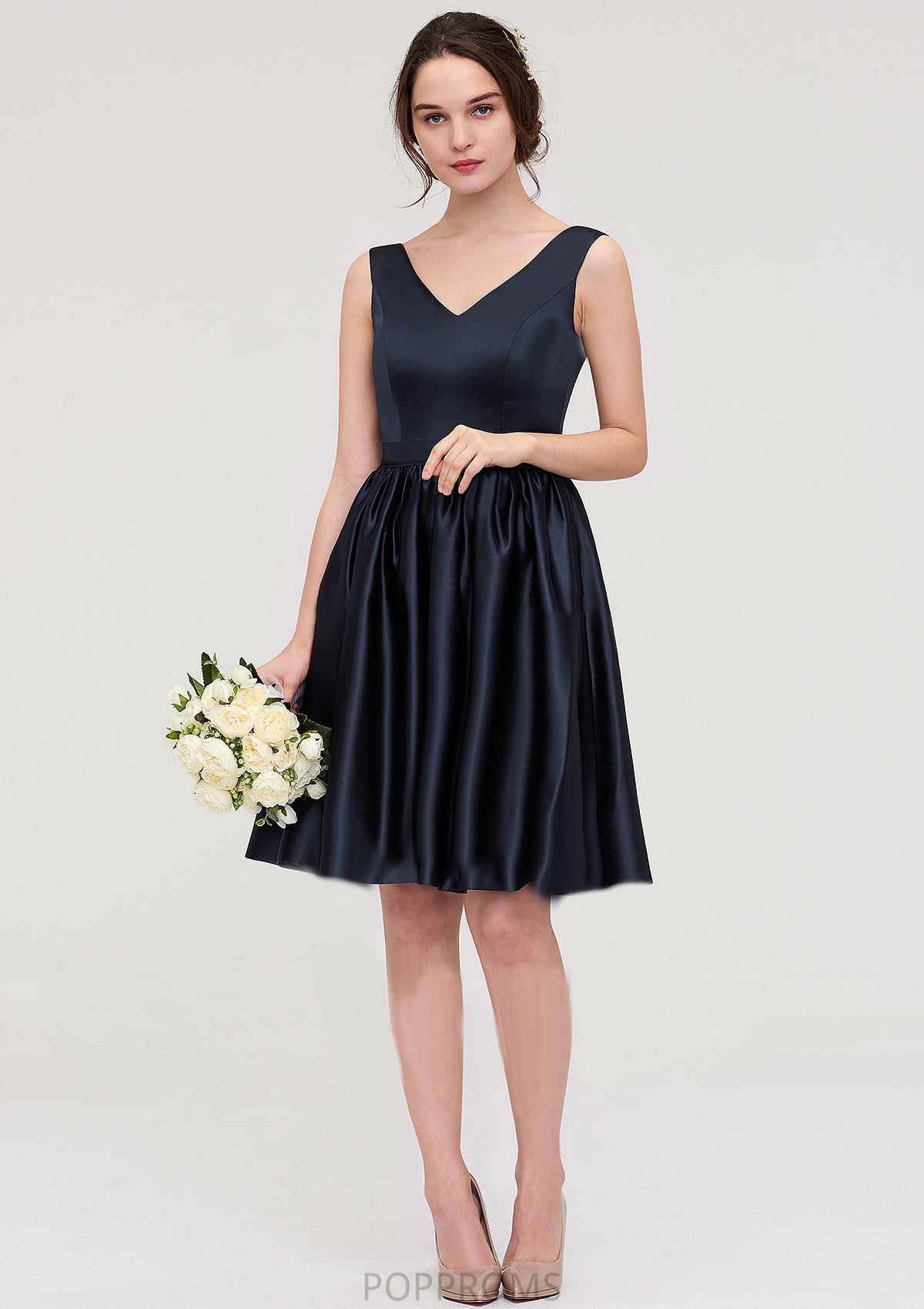 V Neck Sleeveless A-line/Princess Knee-Length Satin Bridesmaid Dresses With Pleated Mayra PP6P0025433