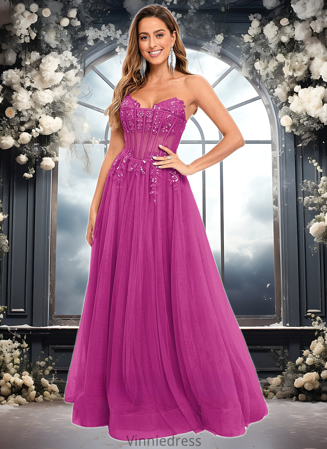 Rebecca Ball-Gown/Princess V-Neck Floor-Length Tulle Prom Dresses With Sequins Appliques Lace PP6P0025837