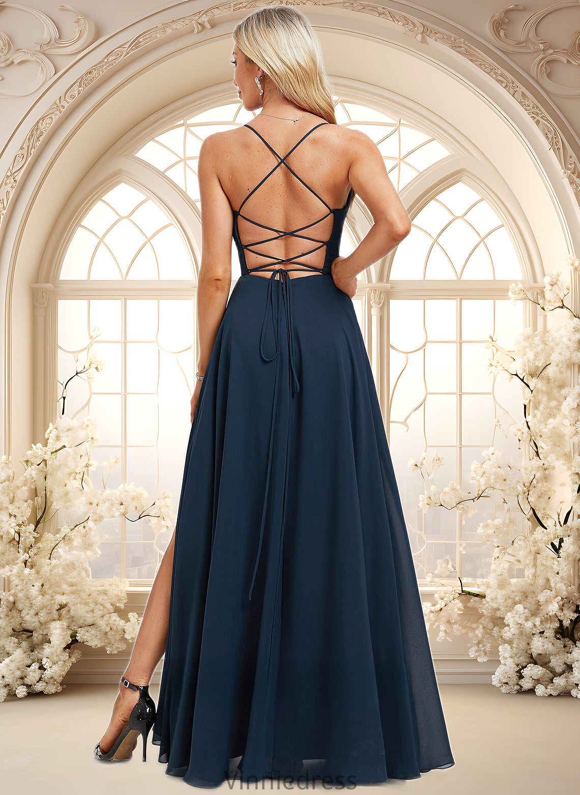 Lindsey A-line V-Neck Floor-Length Chiffon Prom Dresses With Pleated PP6P0025830