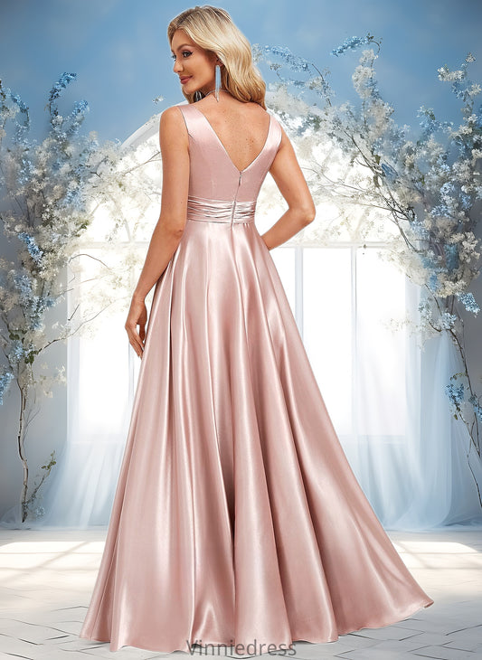 Lynn A-line V-Neck Floor-Length Stretch Satin Bridesmaid Dress PP6P0025779