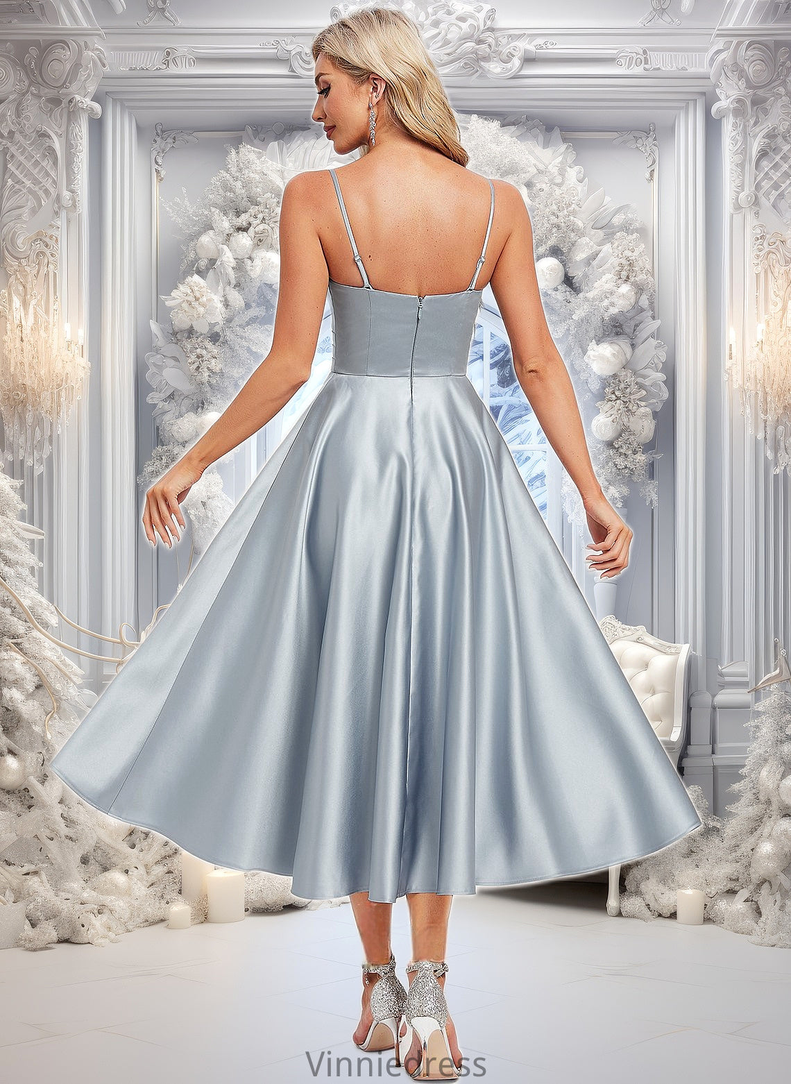 Greta A-line V-Neck Tea-Length Satin Homecoming Dress PP6P0025694