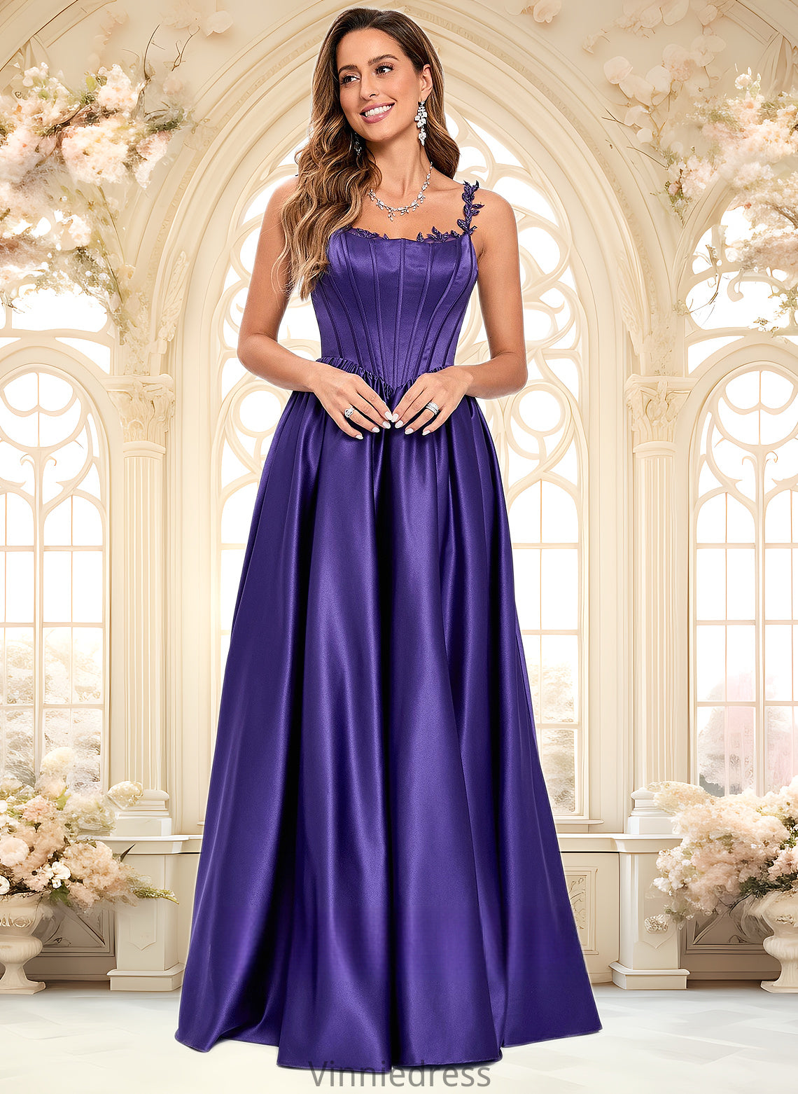 Kennedy Ball-Gown/Princess Scoop Floor-Length Satin Prom Dresses With Appliques Lace Beading PP6P0025865