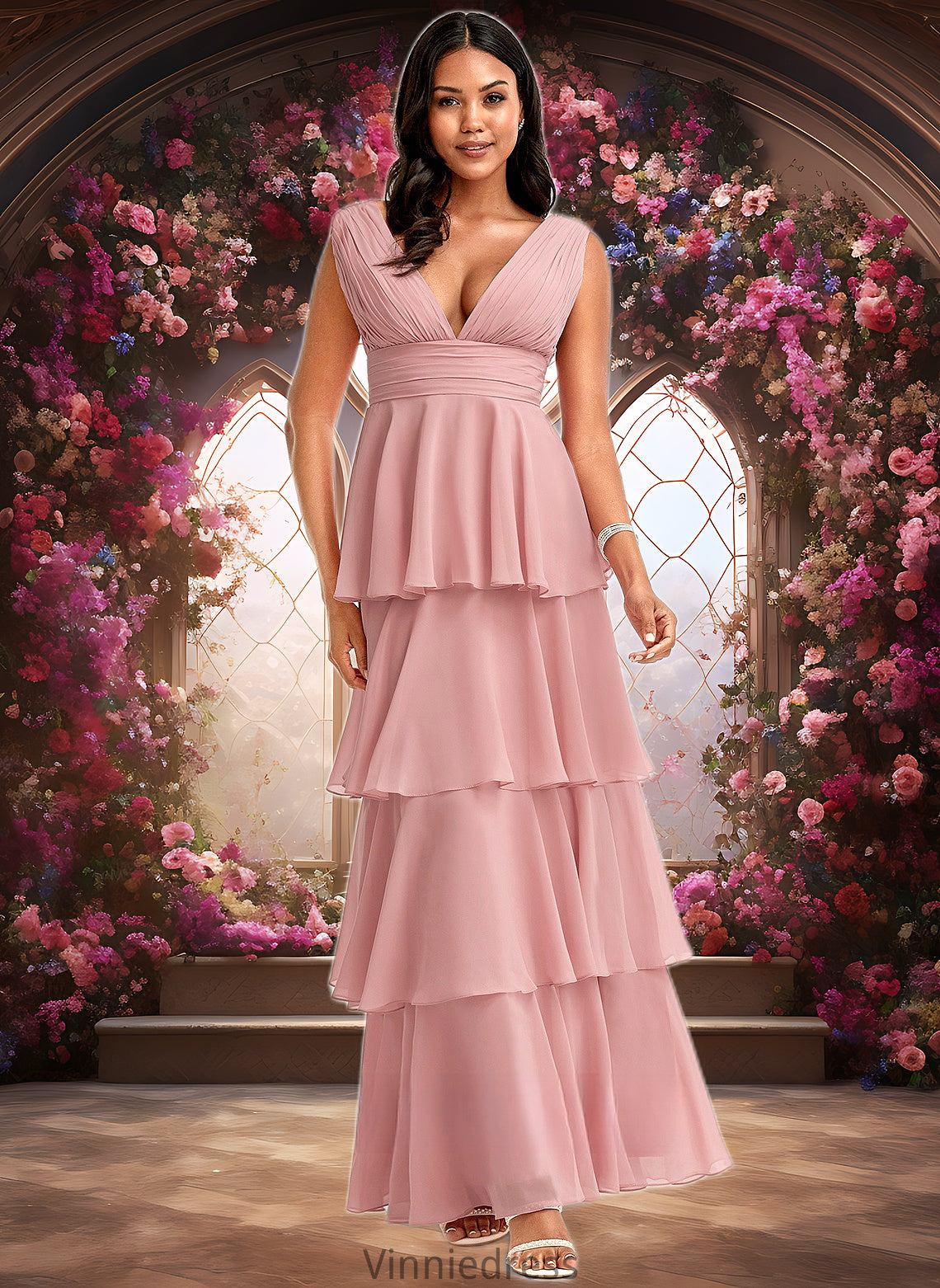 Miley A-line V-Neck Floor-Length Chiffon Bridesmaid Dress PP6P0025749