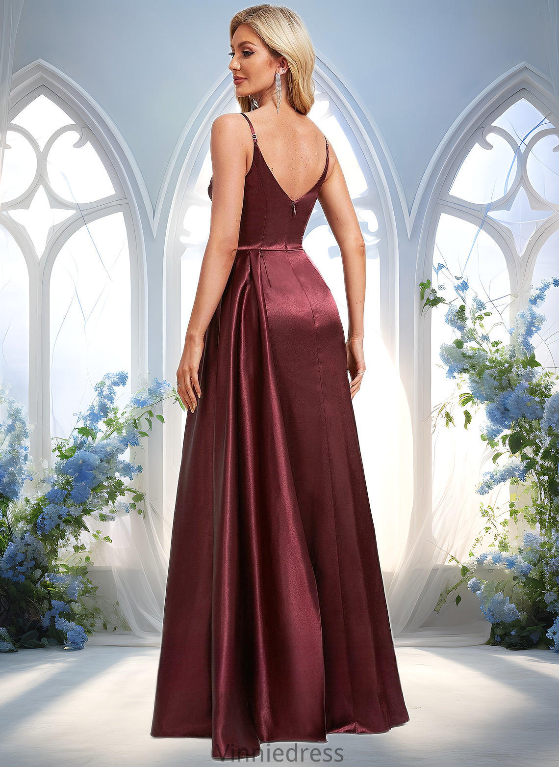 Azul A-line V-Neck Floor-Length Stretch Satin Bridesmaid Dress With Ruffle PP6P0025785