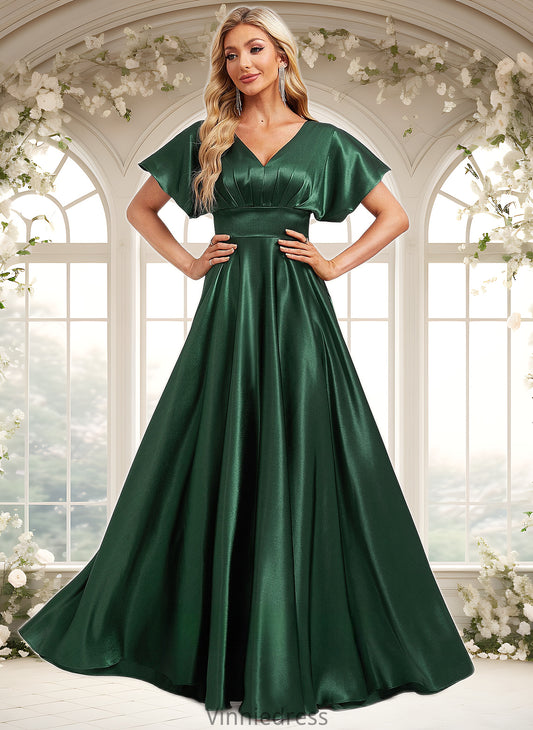 Sylvia A-line V-Neck Floor-Length Stretch Satin Bridesmaid Dress PP6P0025782