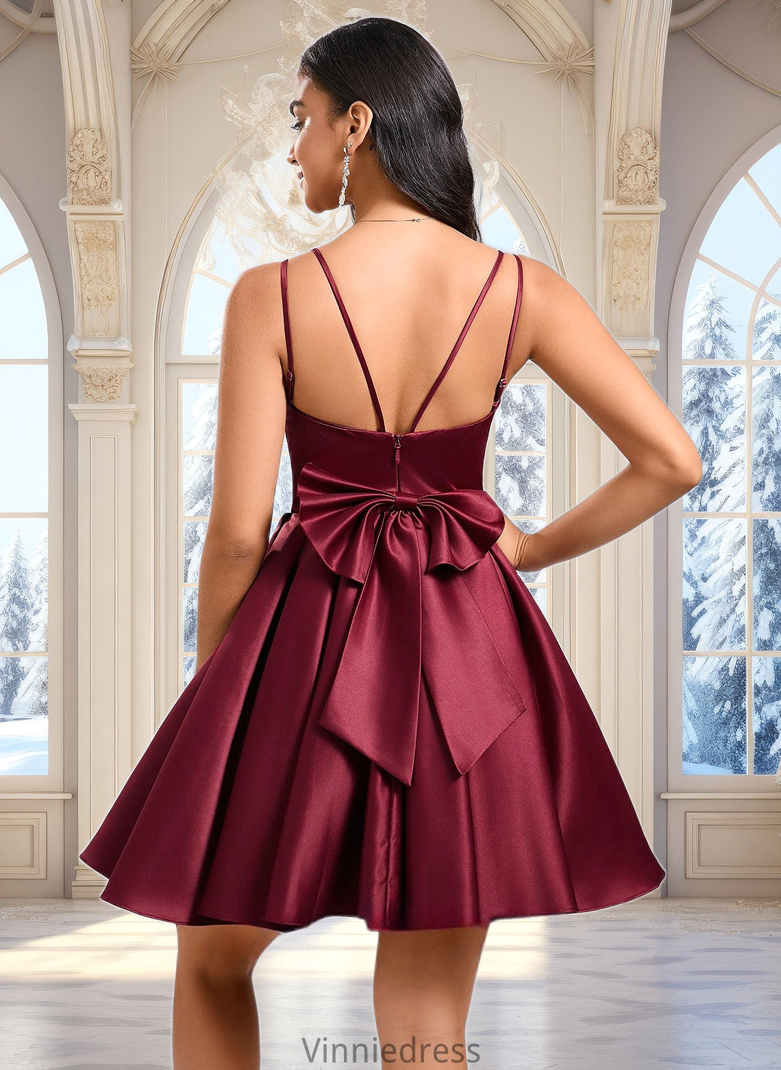 Sahna Ball-Gown/Princess V-Neck Short Satin Homecoming Dress With Bow PP6P0025662